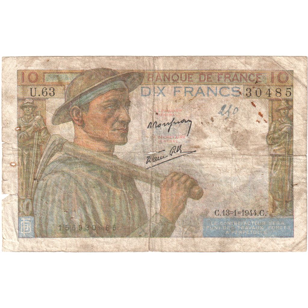 France, 10 Francs, Mineur, 1944-01-13, U.6330485, VF(20-25)