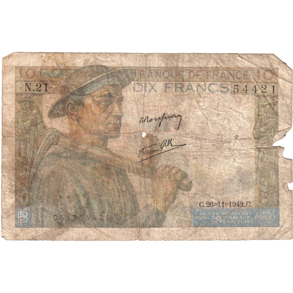 France, 10 Francs, Mineur, 1942-11-26, N.2154421, TB
