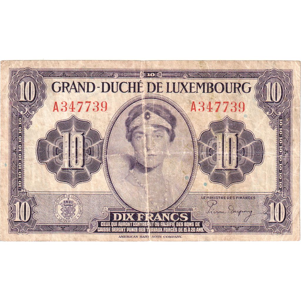 Luxembourg, 10 Francs, VF(20-25)