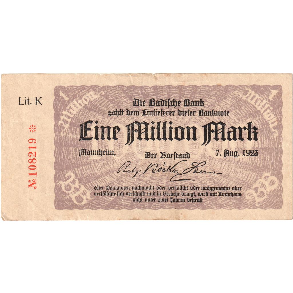 German States, 1 Million Mark, 1923-08-07, Mannheim, EF(40-45)