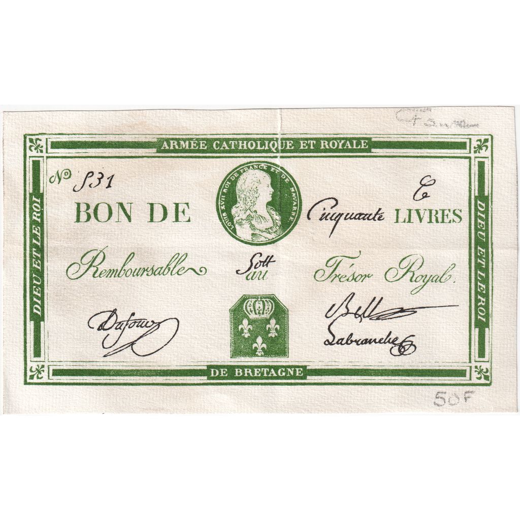 Francia, 50 Livres, P 31, ARMÉE CATHOLIQUE ET ROYALE DE BRETAGNE, BB
