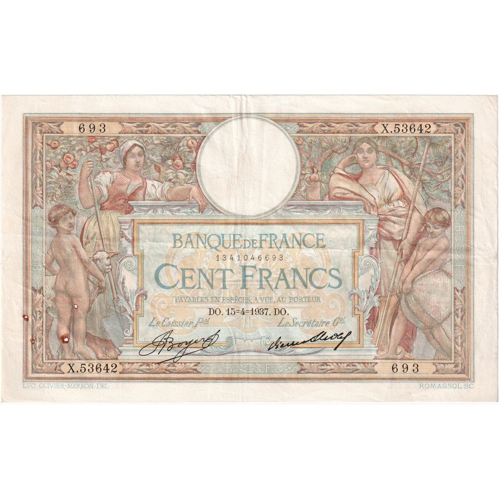Frankreich, 100 Francs, Luc Olivier Merson, 1937-04-15, X.53642693, SS+