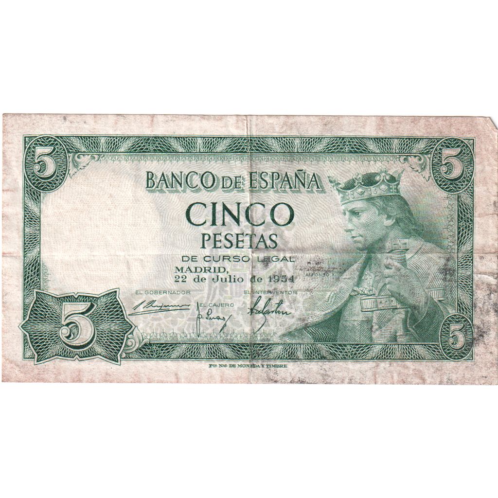Spagna, 5 Pesetas, 1954-07-22, MB+