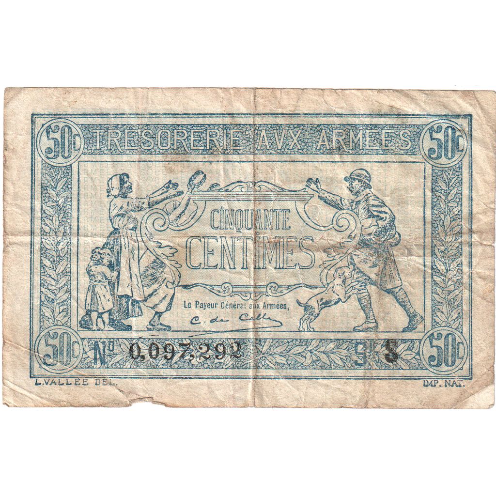 France, 50 Centimes, 1917-1919 Army Treasury, 0097292, VF(20-25)