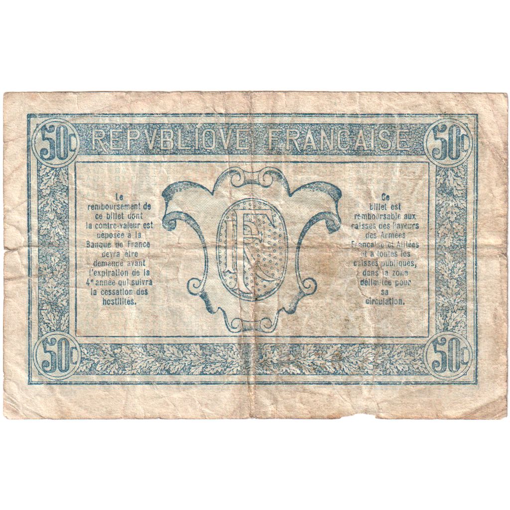 France, 50 Centimes, 1917-1919 Army Treasury, 0097292, VF(20-25)