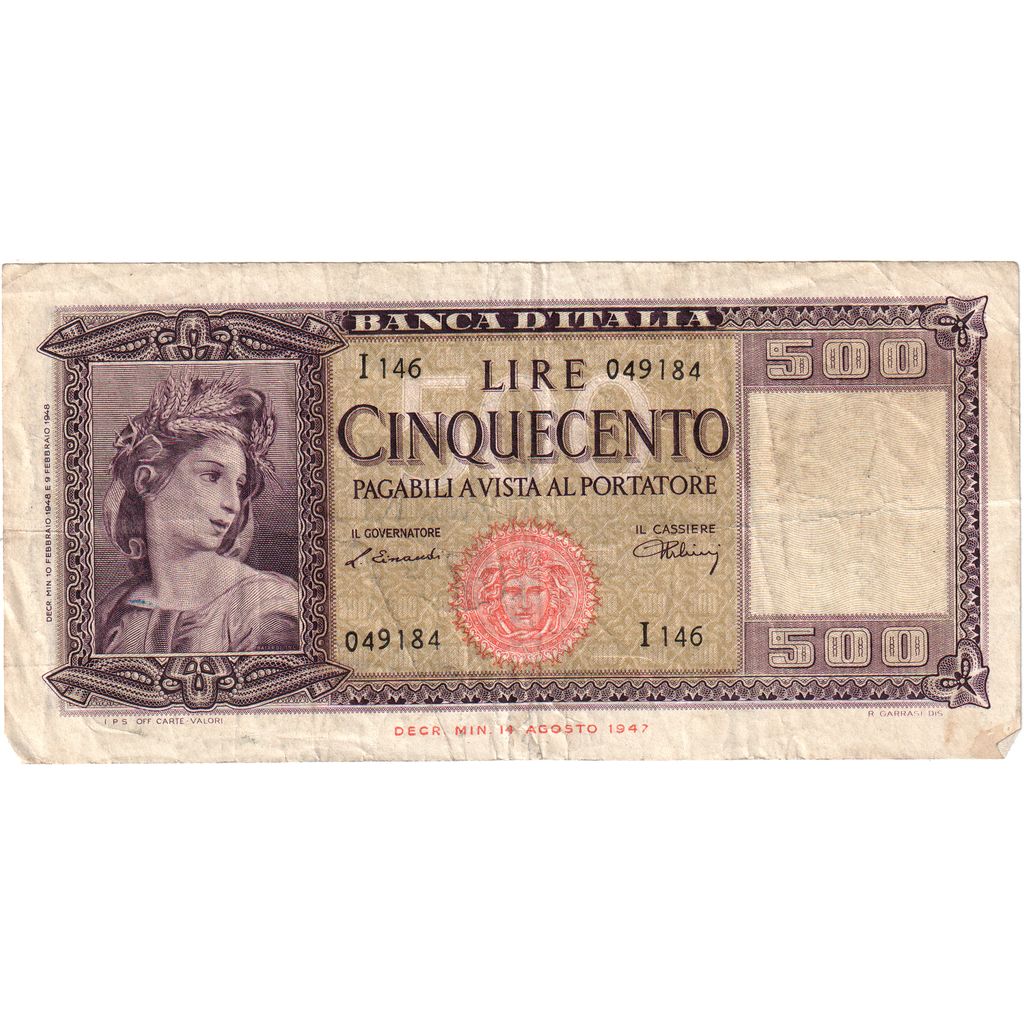 Italy, 500 Lire, 1947-08-14, VF(20-25)