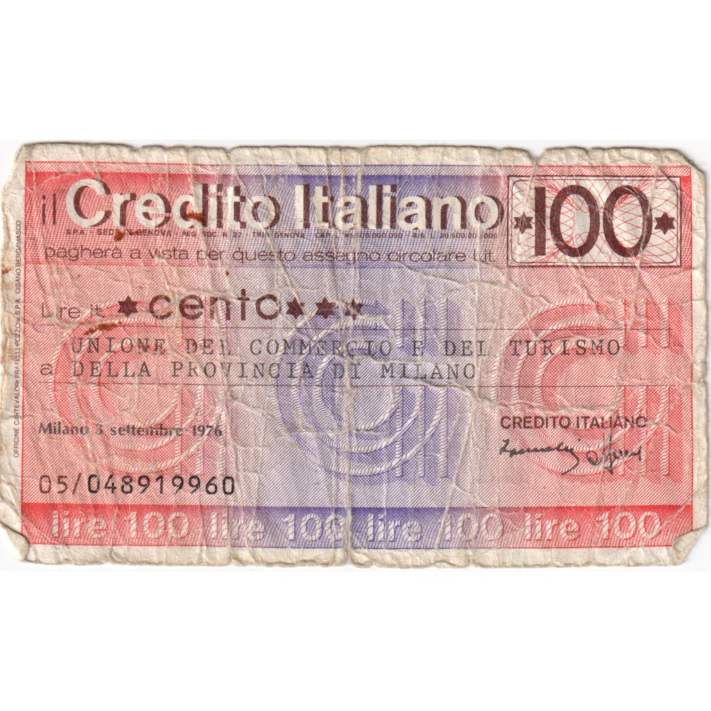 Italy, 100 Lire, 1976-09-03, Credito Italiano, VF(20-25)