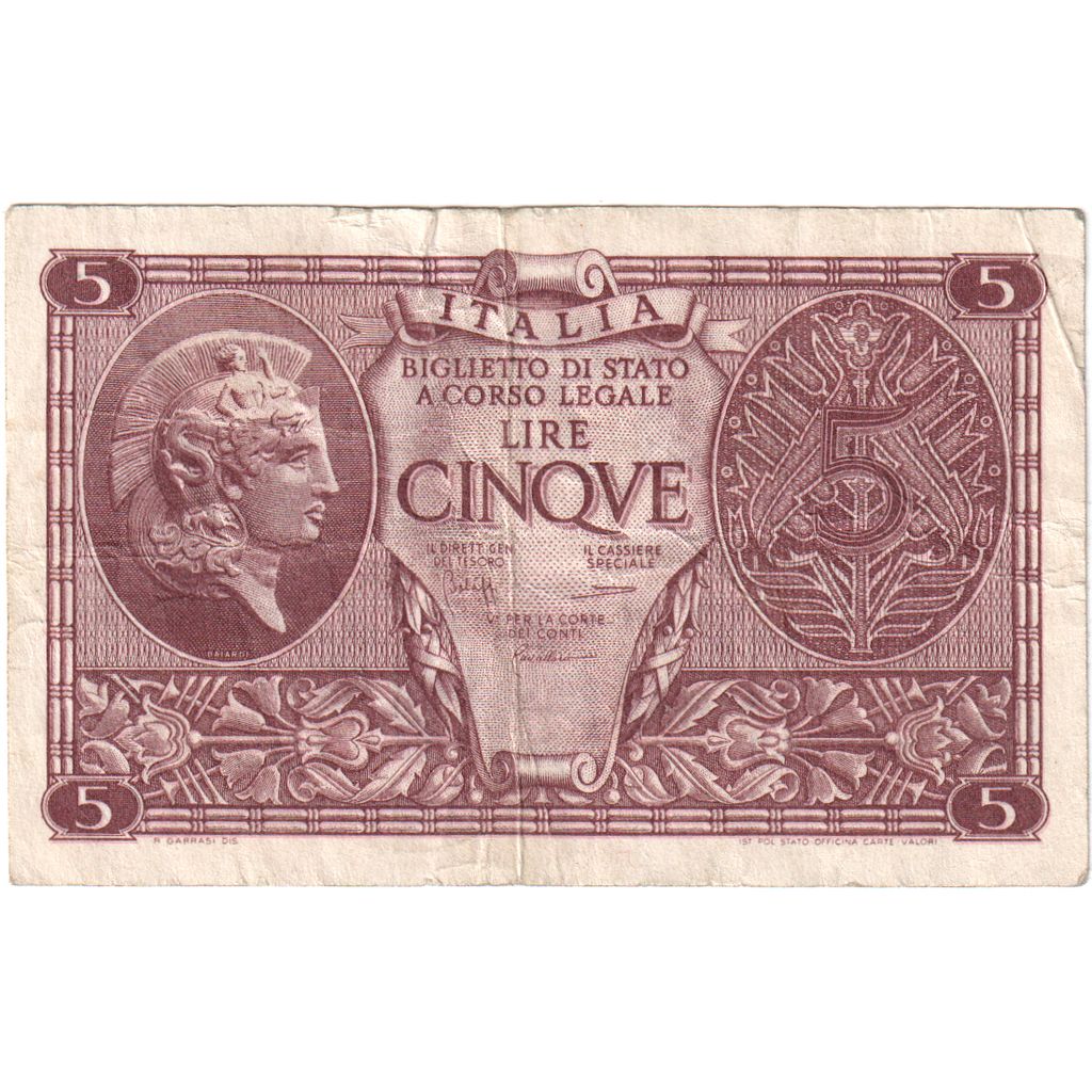 Italy, 5 Lire, 1944-11-23, EF(40-45)