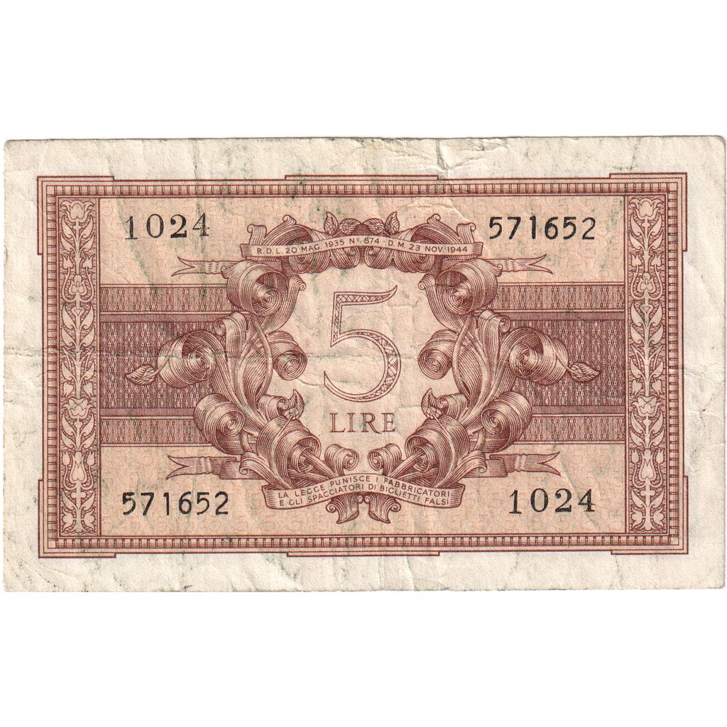 Italy, 5 Lire, 1944-11-23, EF(40-45)