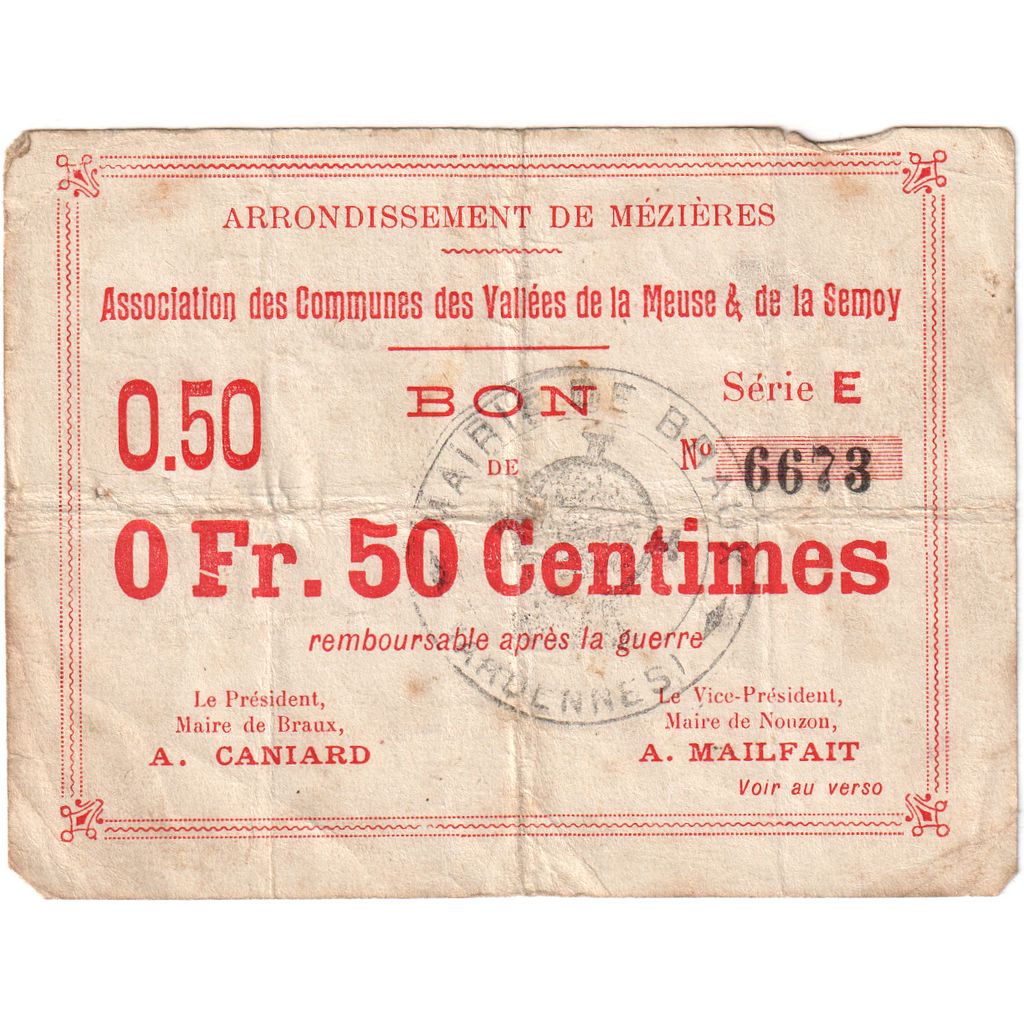 France, arrondissement de Mézières, 50 Centimes, Bon Municipal., EF(40-45)