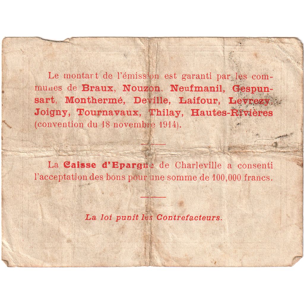 France, arrondissement de Mézières, 50 Centimes, Bon Municipal., EF(40-45)