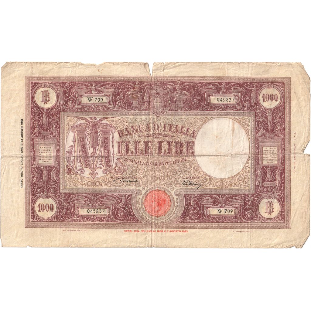 Italie, 1000 Lire, 1943-08-07, TB+