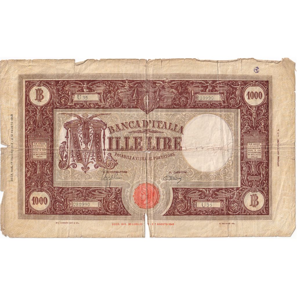 Itália, 1000 Lire, 1943-08-07, VF(20-25)