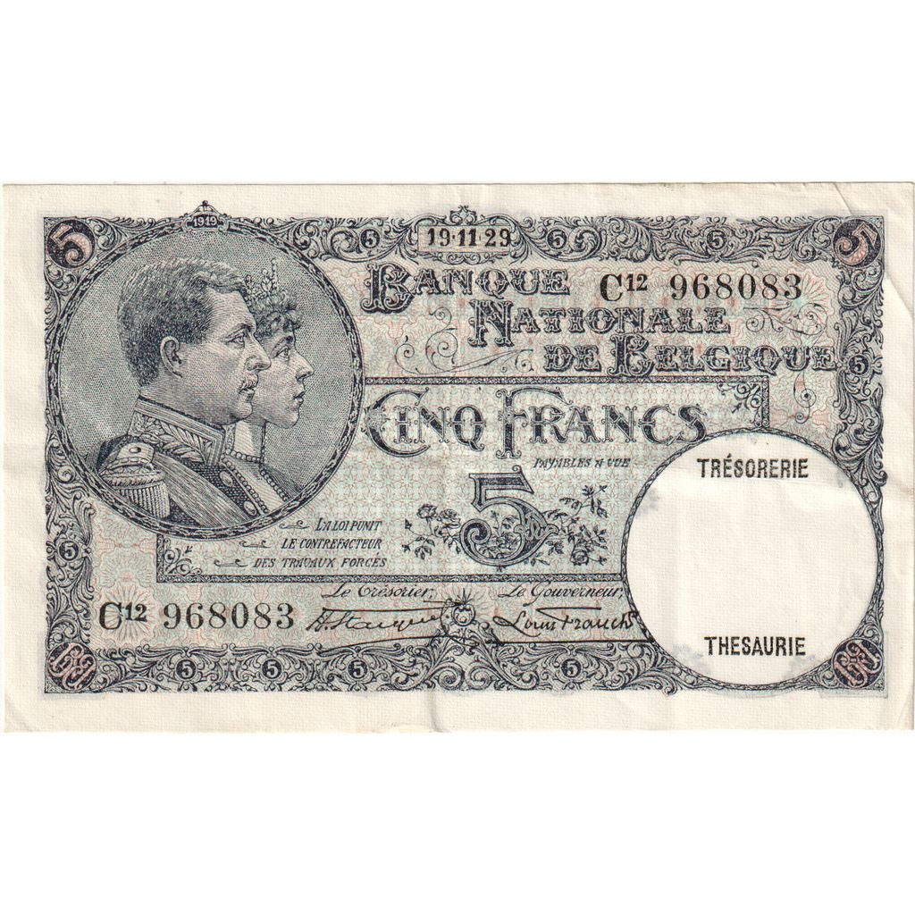 Belgique, 5 Francs, 1929-11-19, SUP