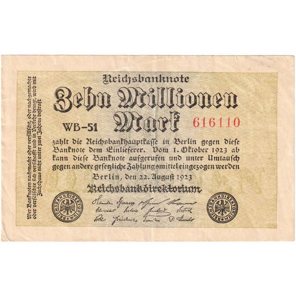 Germany, 10 Millionen Mark, 1923-08-22, AU(55-58)