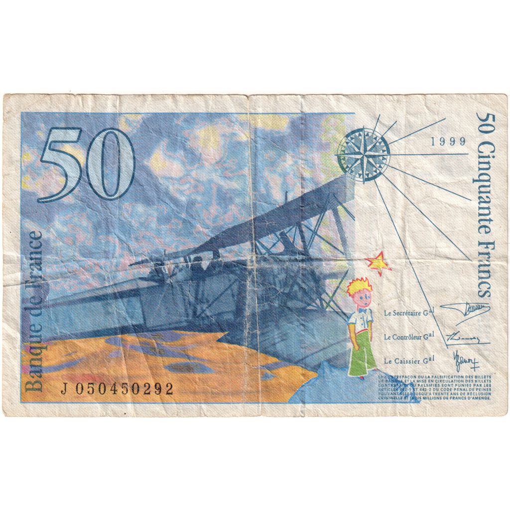 France, 50 Francs, St Exupéry, J050450292, VF(30-35)