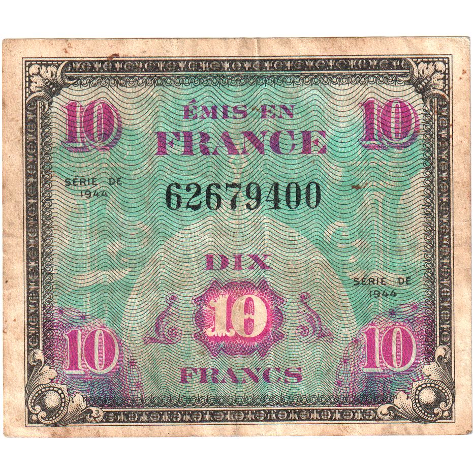 França, 10 Francs, Flag/France, SÉRIE 1944, VF(30-35)