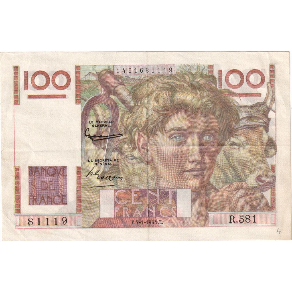 Frankrijk, 100 Francs, Jeune Paysan, 1954-01-07, R.581, SUP