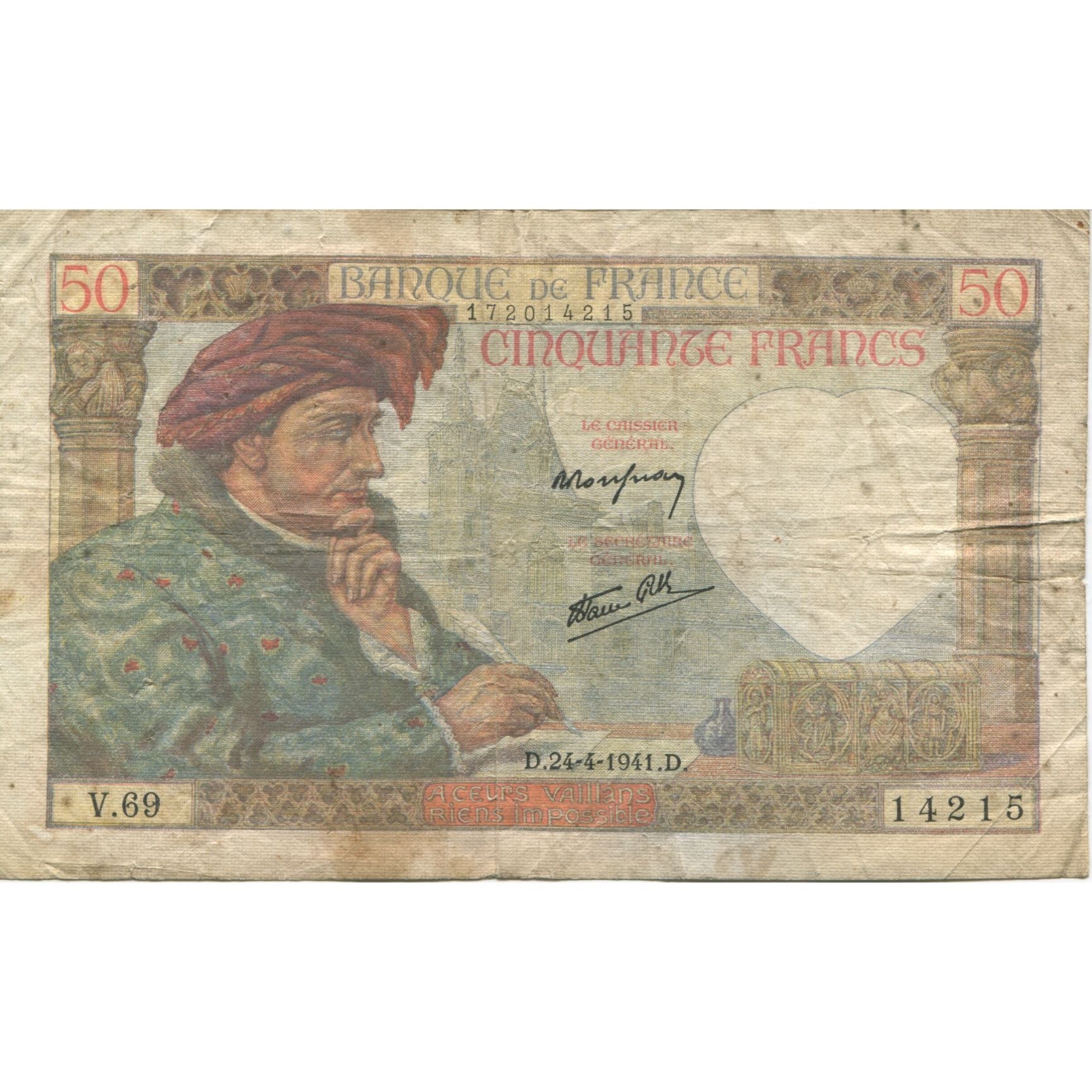 Francia, 50 Francs, Jacques Coeur, 1941, 1941-04-24, RC, Fayette:19.09, KM:93