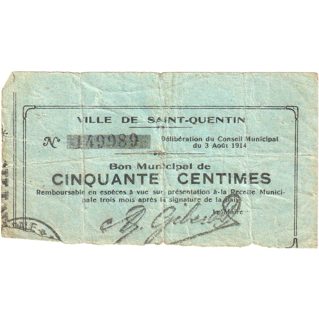 France, Saint-Quentin, 50 Centimes, 1914-08-03, Bon Municipal., TB