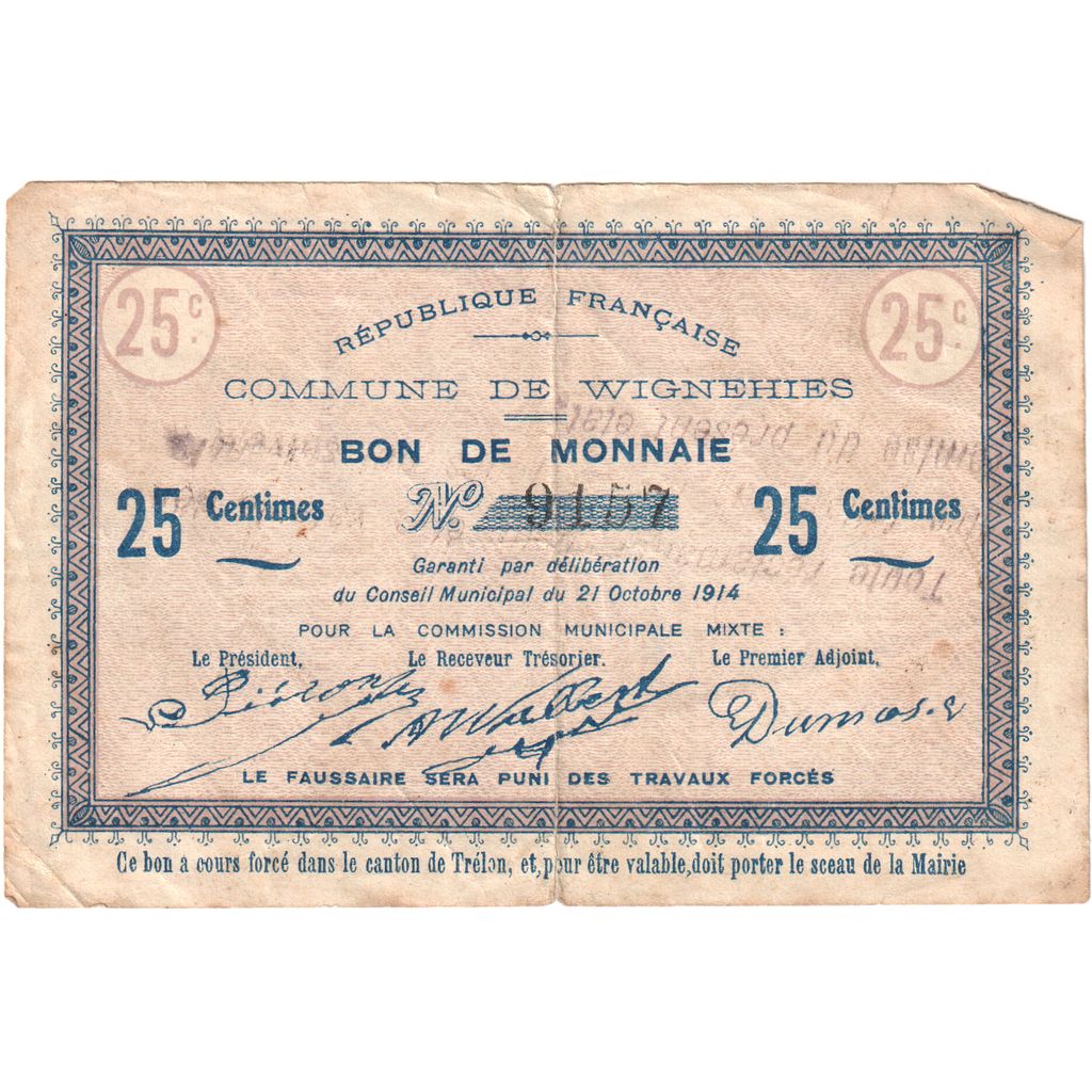 Francja, 25 Centimes, 1914-10-21, COMMUNE DE WIGNEHIES, VF(30-35)