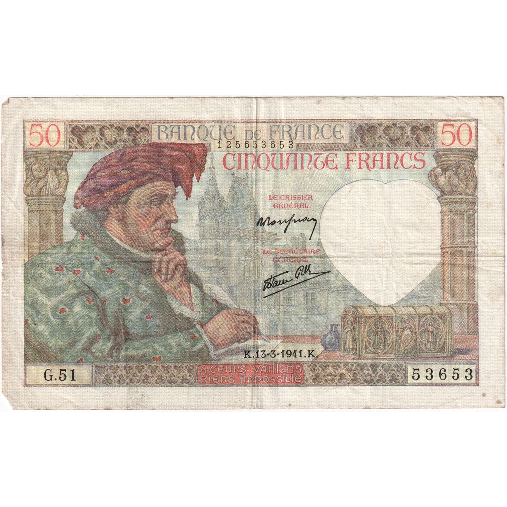 Francia, 50 Francs, Jacques Coeur, 1941-03-13, G.51, BC+