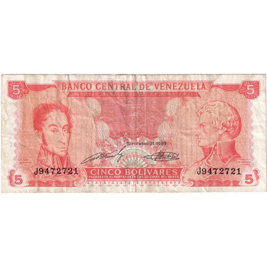 Venezuela, 5 Bolivares, 1989-09-21, VF(30-35)