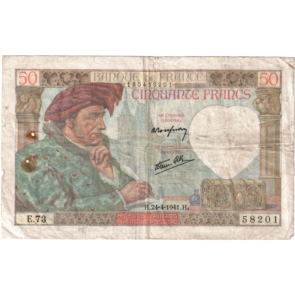 France, 50 Francs, Jacques Coeur, 1941-04-24, E.73, VF(20-25)