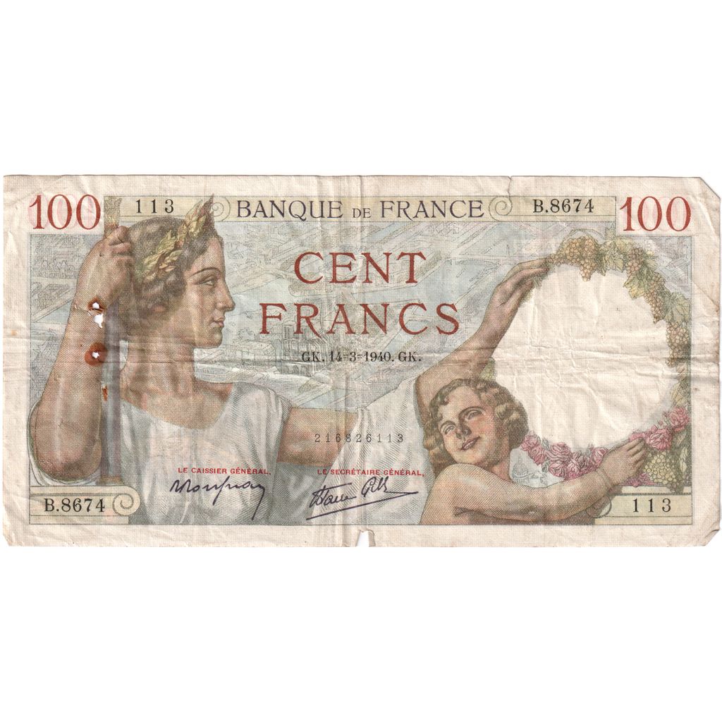 France, 100 Francs, Sully, 1940-03-14, B.8674, VF(20-25)