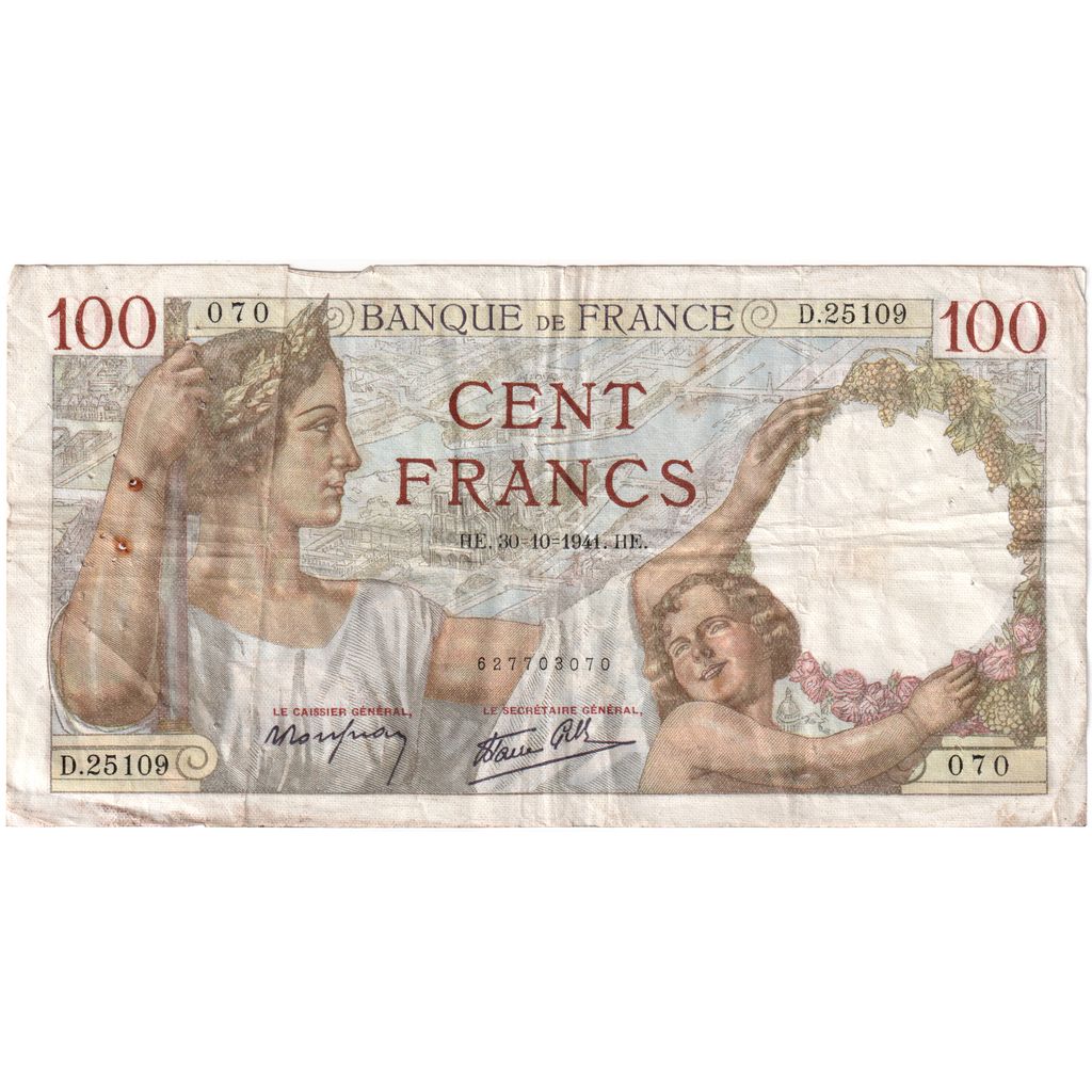 France, 100 Francs, Sully, 1941-10-30, D.25109, VF(30-35)