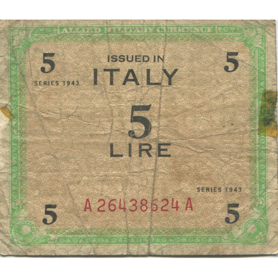 Banknote, Italy, 5 Lire, 1943, KM:M18b, VG(8-10)
