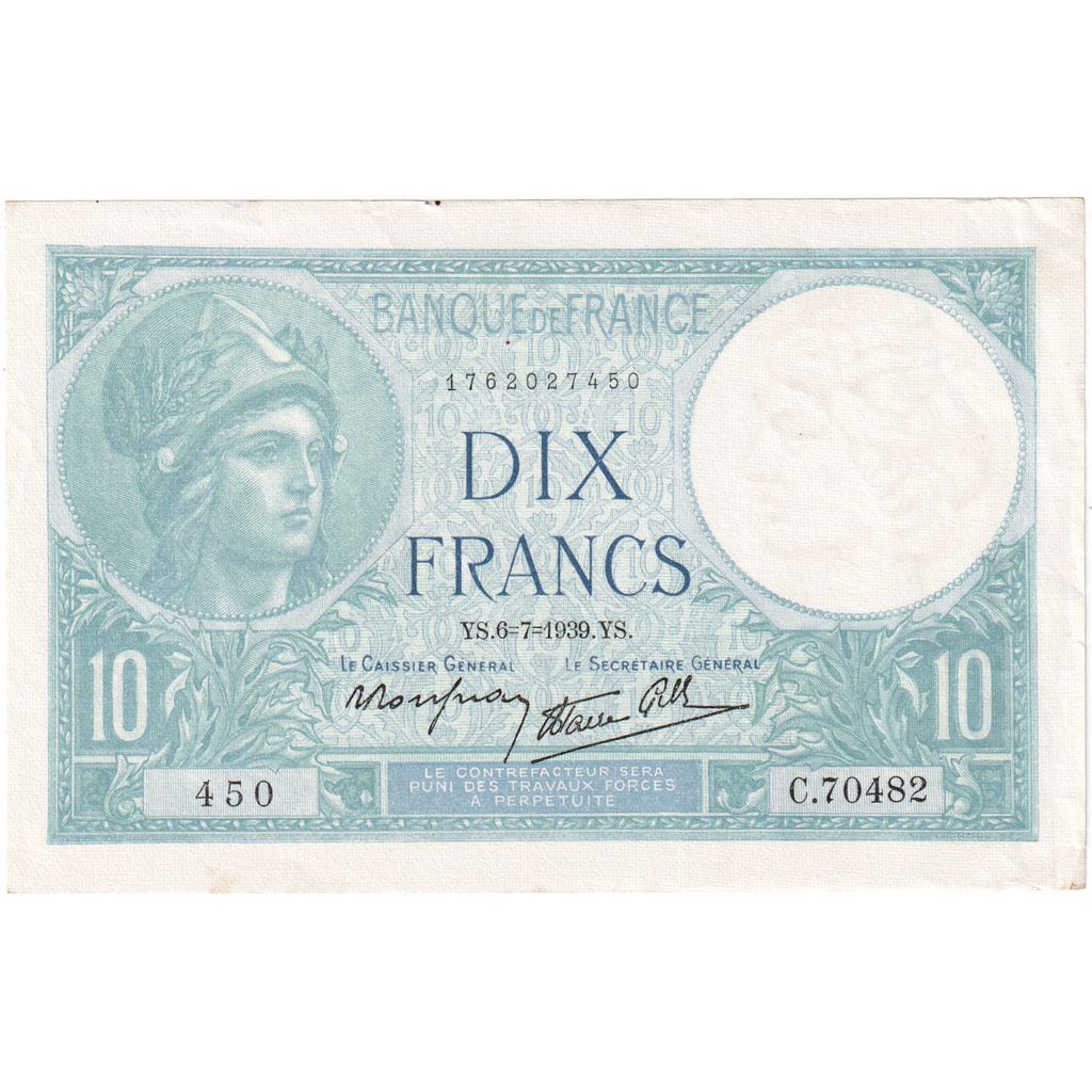 France, 10 Francs, Minerve, 1939-07-06, C.70482, UNC(63)