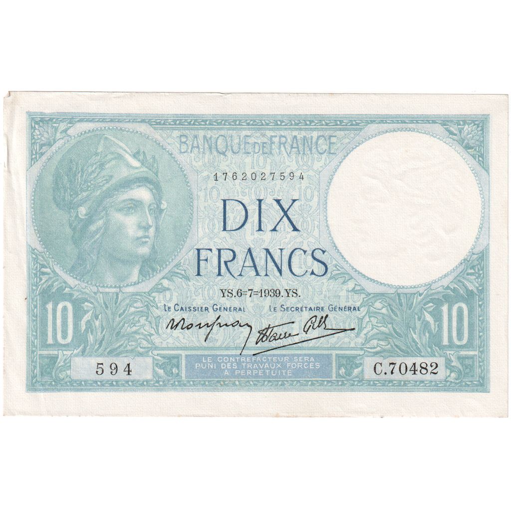 France, 10 Francs, Minerve, 1939-07-06, C.70482, AU(55-58)