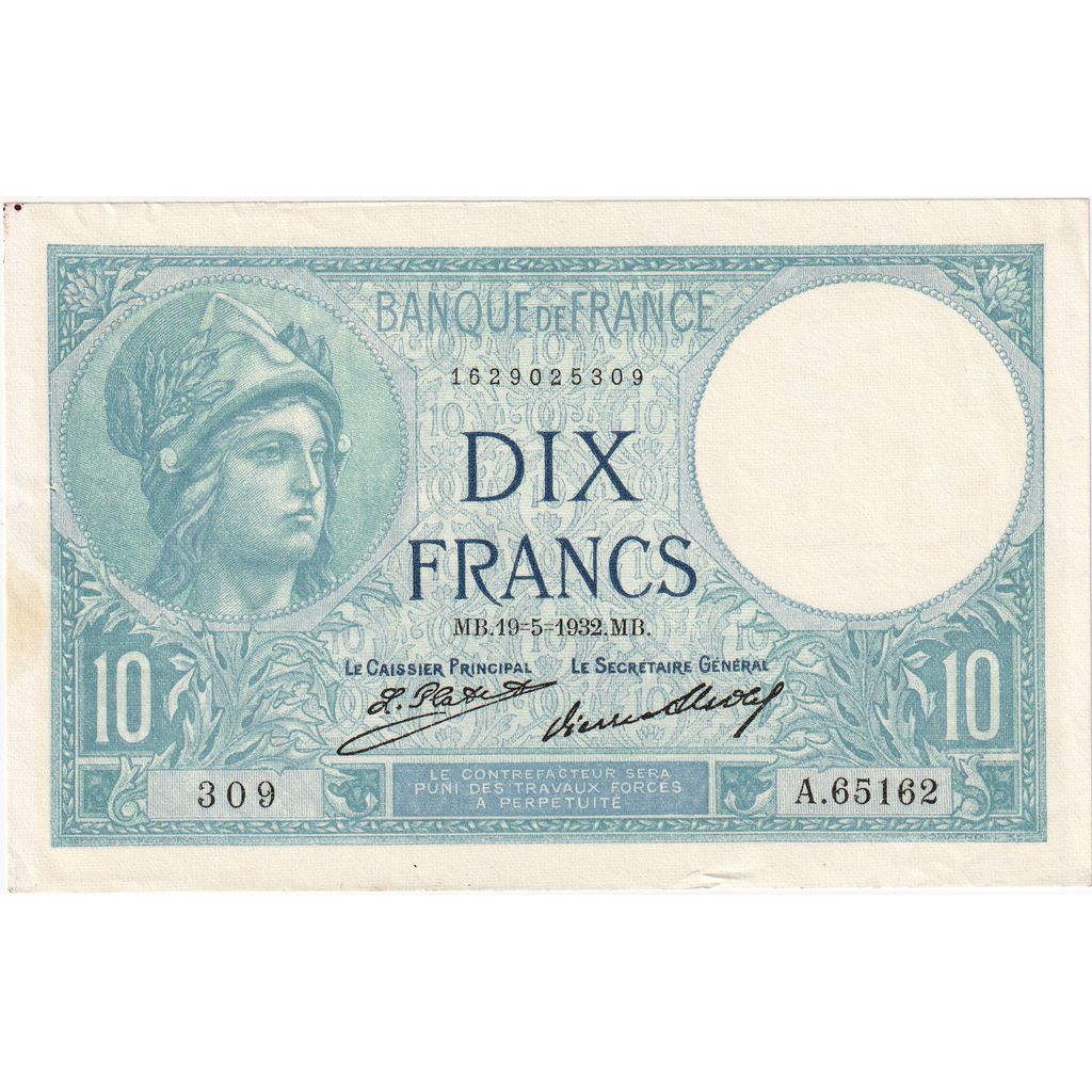 France, 10 Francs, Minerve, 1932-05-19, A.65162, UNC(63)