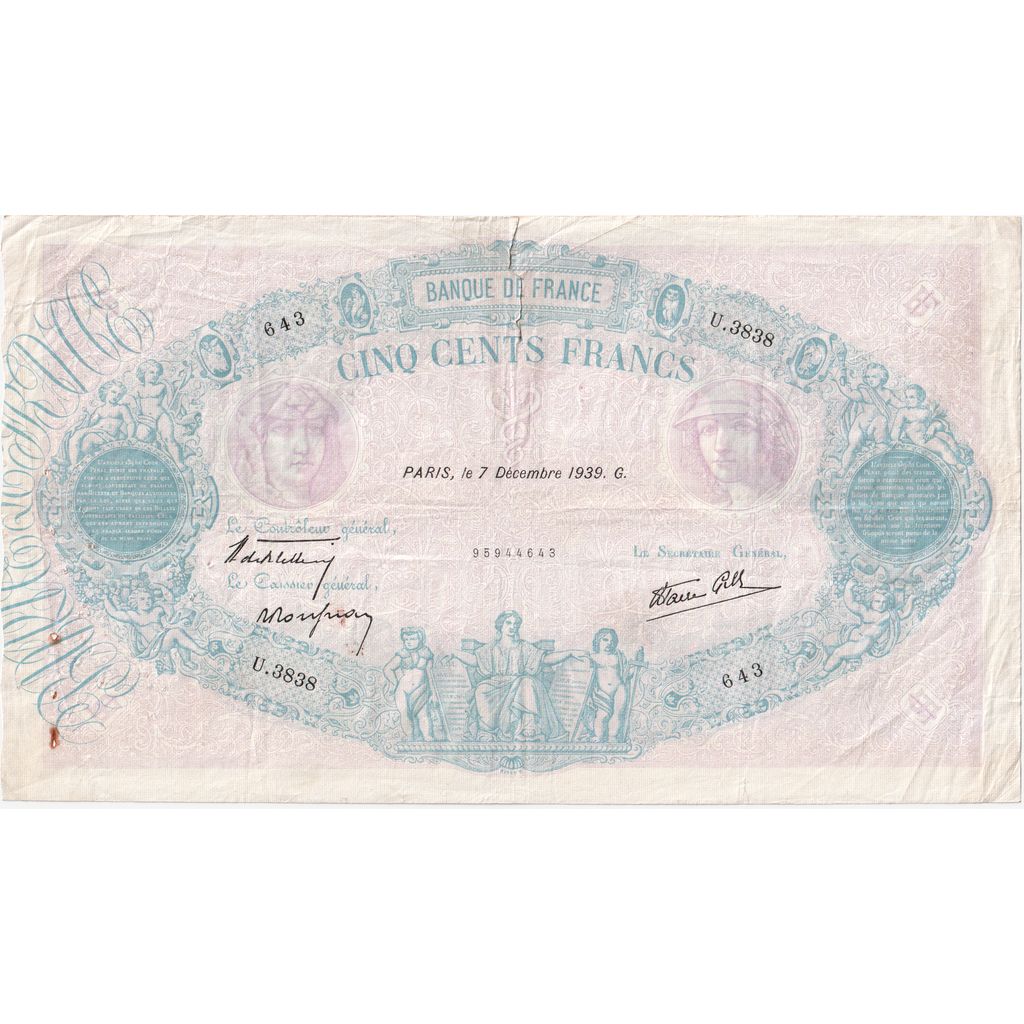 Francia, 500 Francs, Bleu et Rose, 1939-12-07, U.3838, MB+