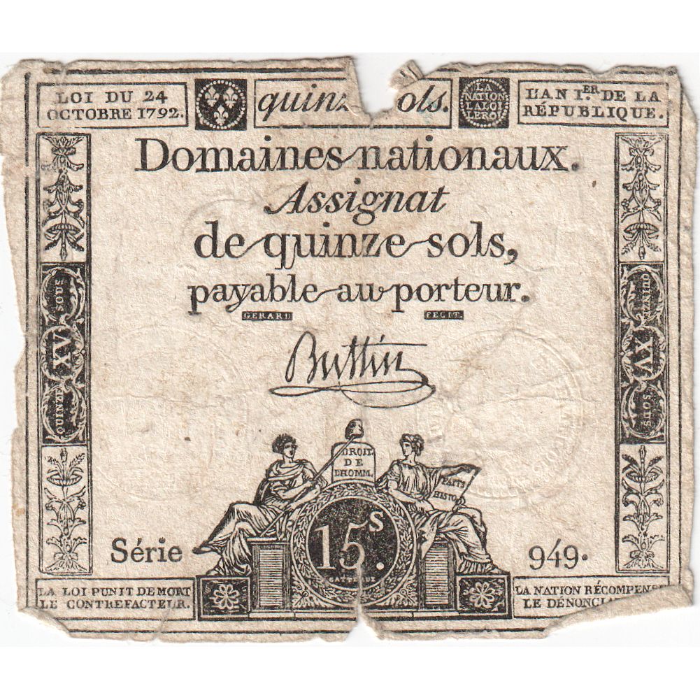 France, 15 Sols, L'an 1er de la République - (24 octobre 1792), Série 949.