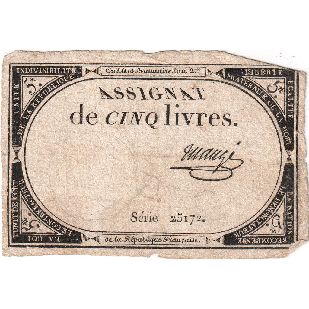 Francia, 5 Livres, 10 brumaire de l'an 2 - (31 octobre 1793), SERIE 25172, MB