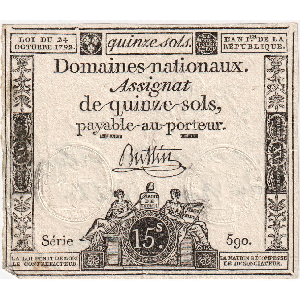 France, 15 Sols, 1792-10-24, SERIE 590, EF(40-45)
