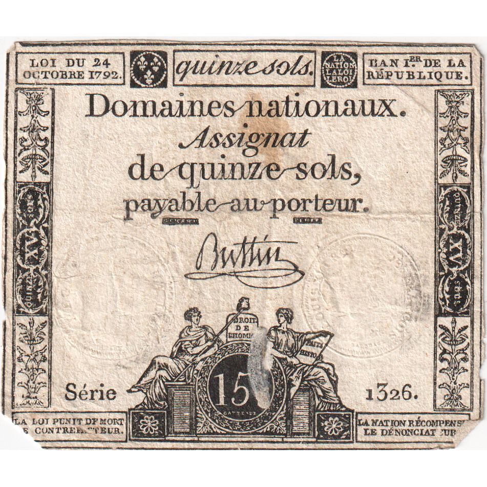 France, 15 Sols, 1792-10-24, SERIE 1326, TB+