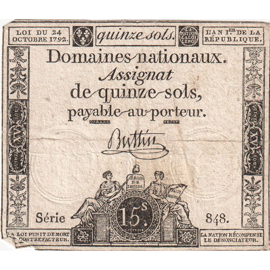 France, 15 Sols, 1792-10-24, SERIE 848, VF(30-35)