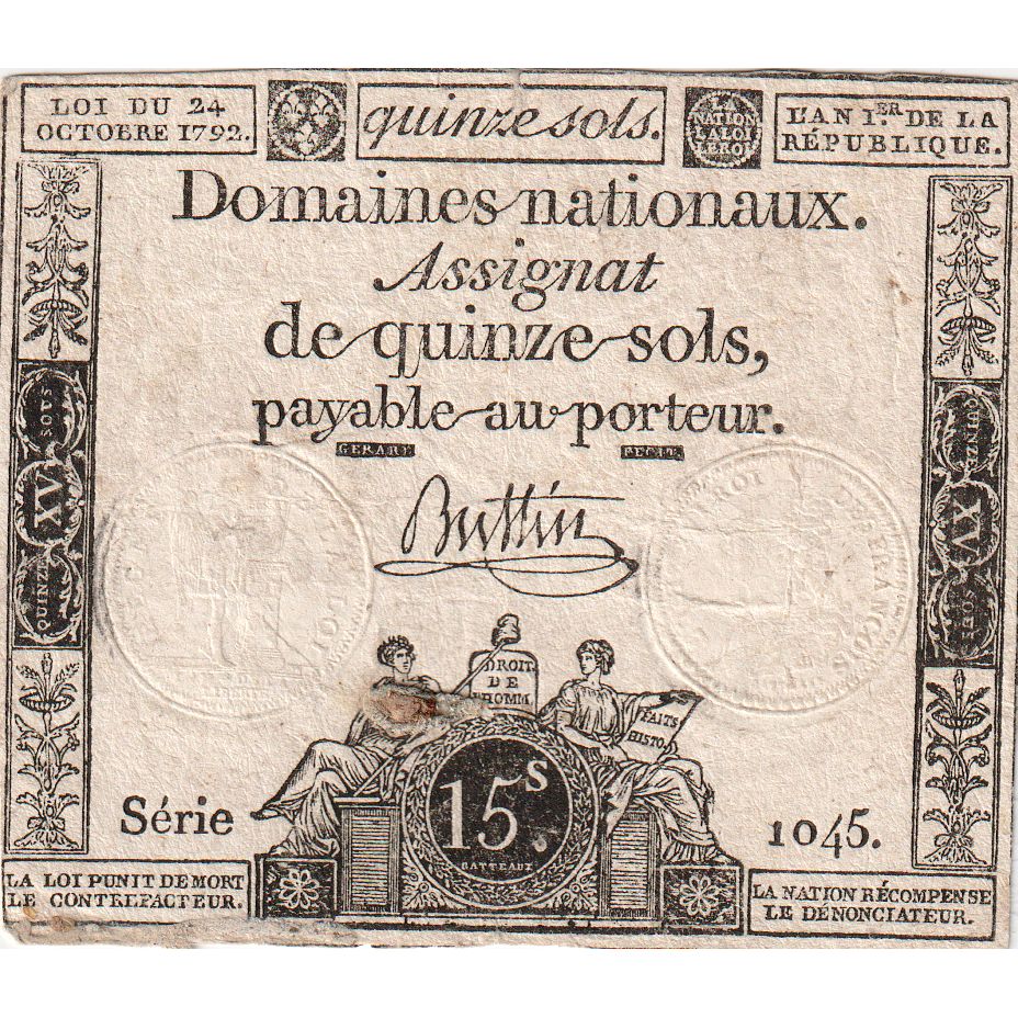 France, 15 Sols, 1792-10-24, SERIE 1045, TB+