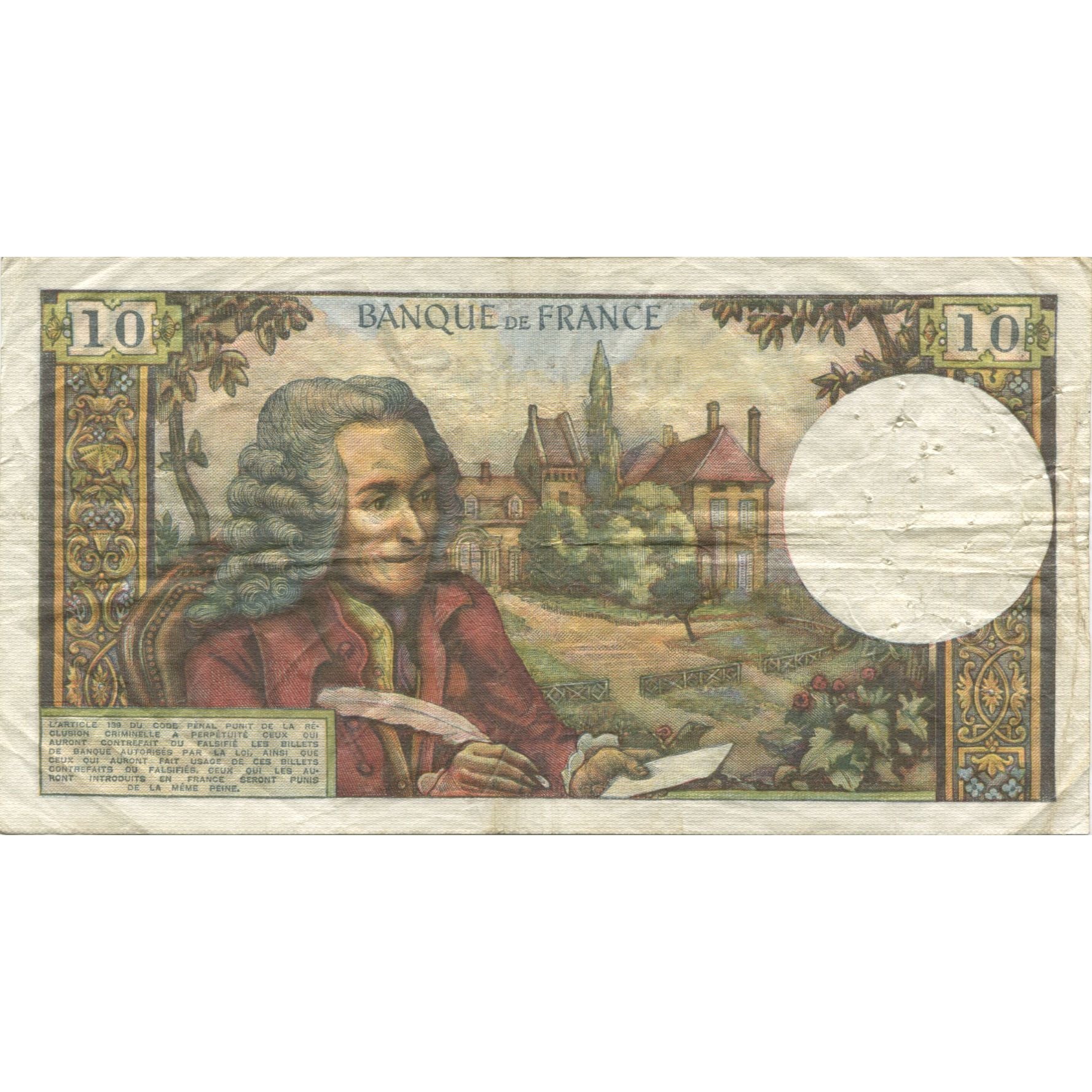 France, 10 Francs, Voltaire, 1972, 1972-03-02, VF(20-25), Fayette:62.55, KM:147d