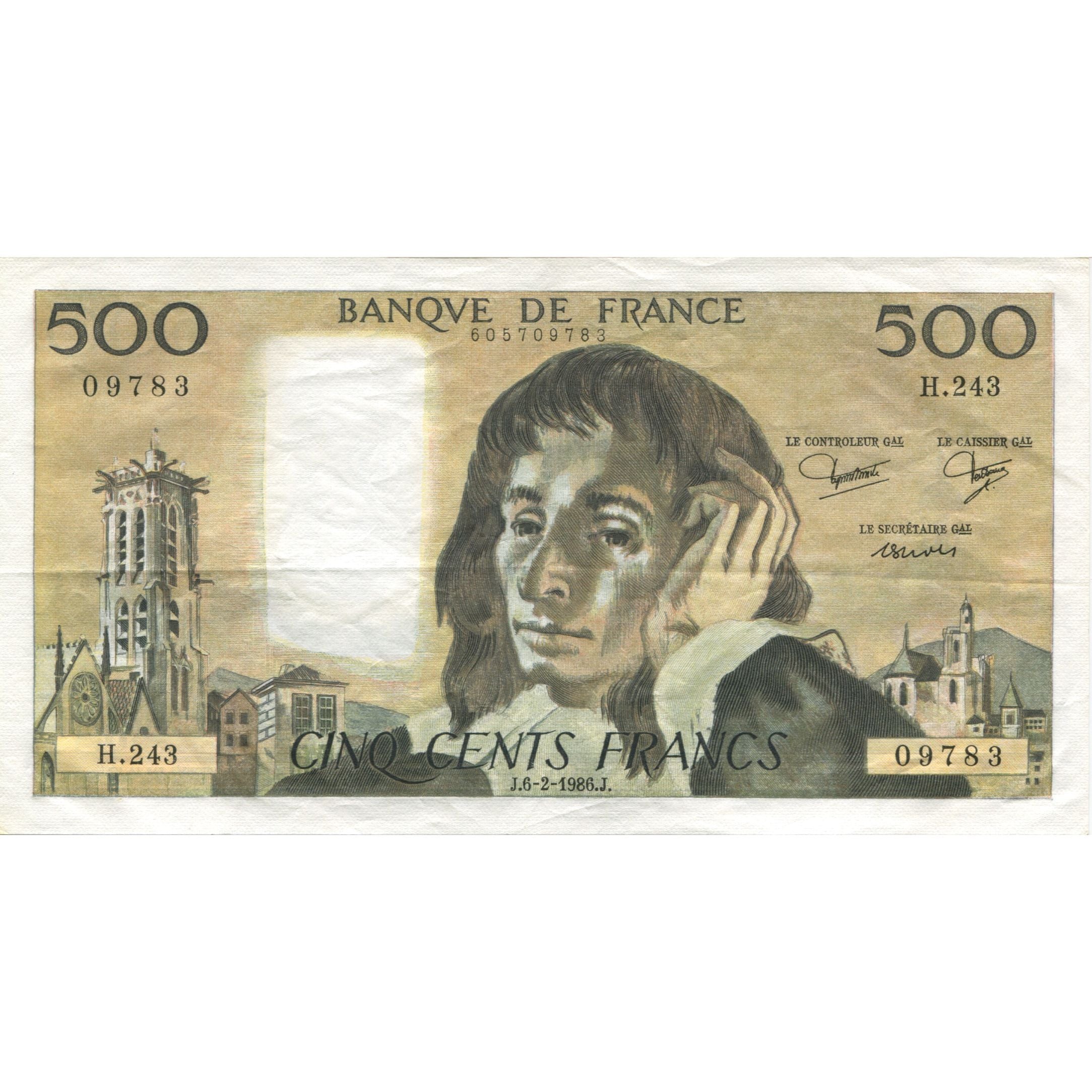 Francia, 500 Francs, Pascal, 1986, 1986-02-06, BB, Fayette:71.34, KM:156e