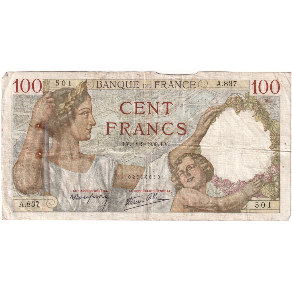 Francia, 100 Francs, Sully, 1939, 1939-09-14, BC+, Fayette:26.06, KM:94