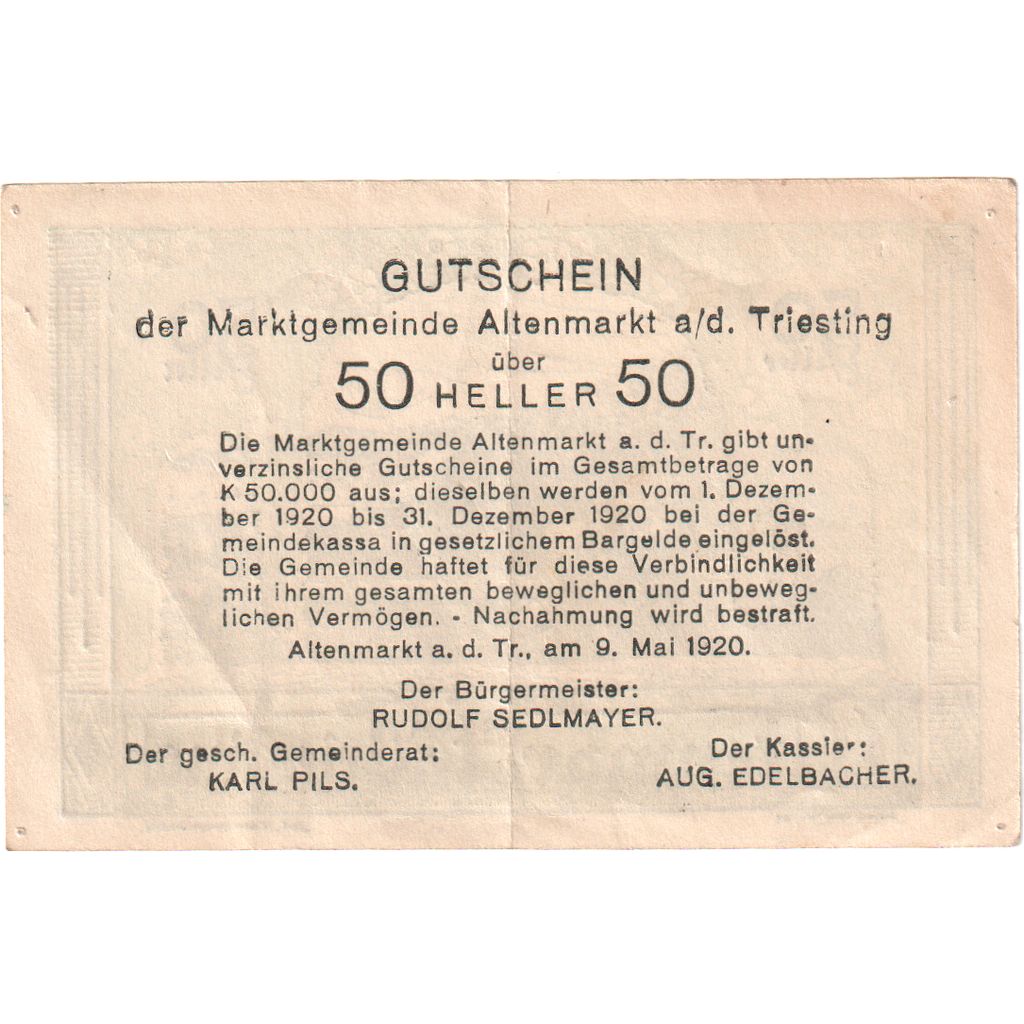 Autriche, Altenmarkt, 50 Heller, 1920-05-09, SPL