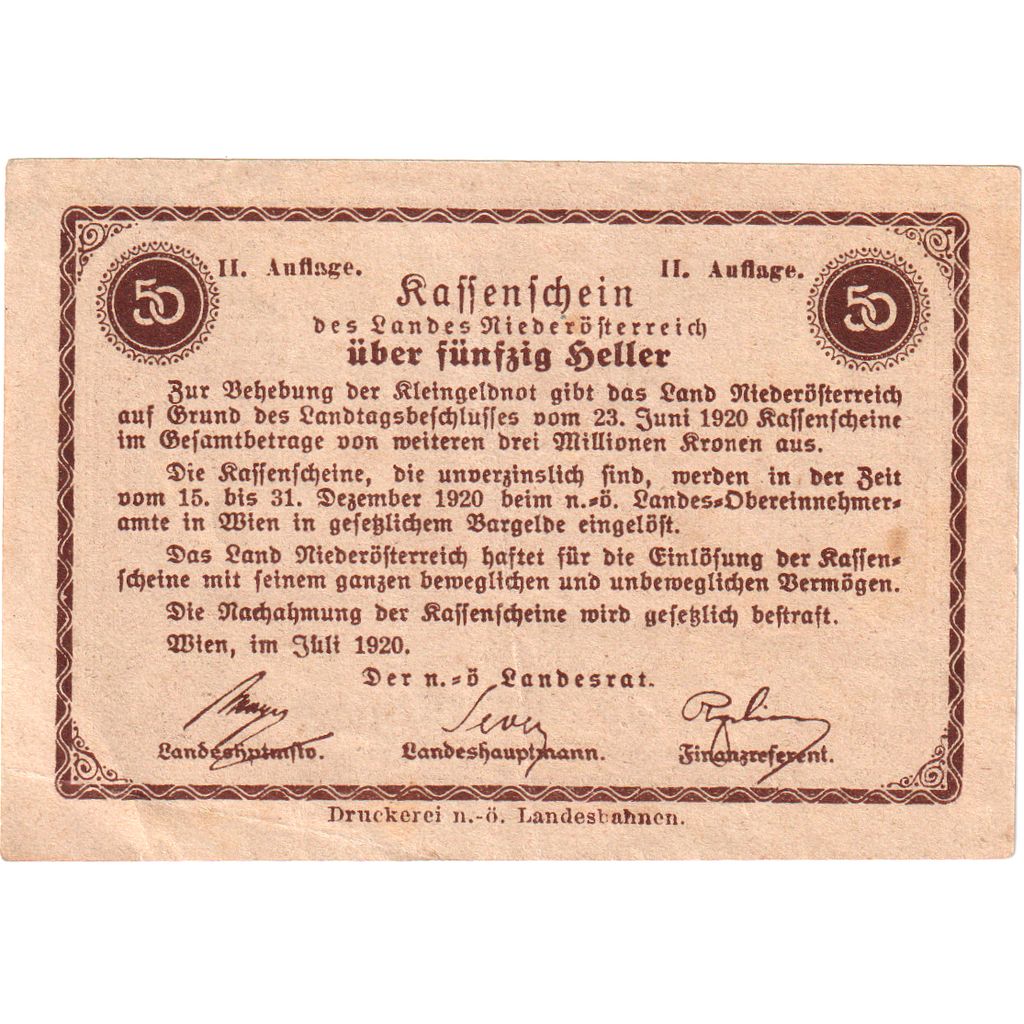 Austria, Niederösterreich, 50 Heller, 1920-12-31, UNC(63)