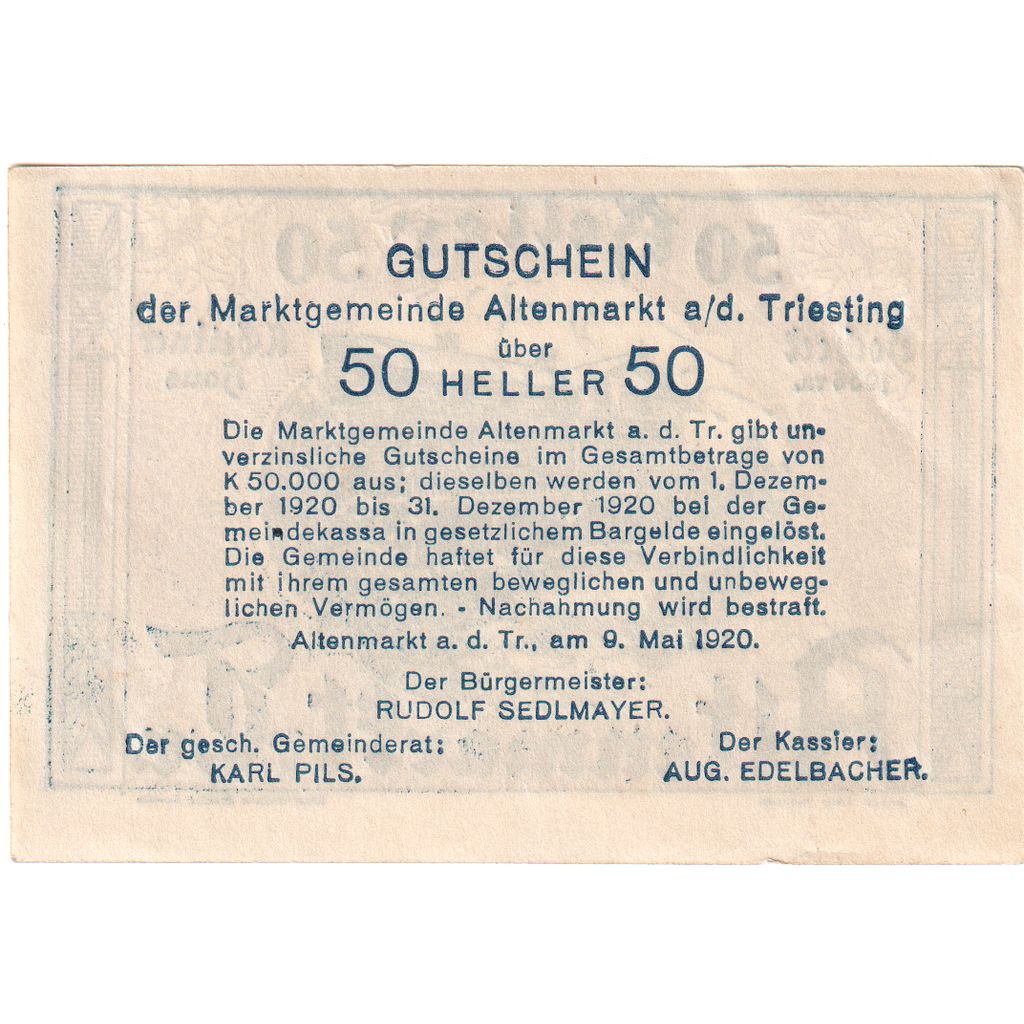 Austria, Altenmarkt a.d. Triesting N.Ö. Markgemeinde, 50 Heller, 1920-12-31