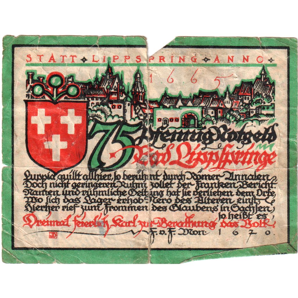 Allemagne, Lippspringe, 75 Pfennig, 1921-05-28, TB+