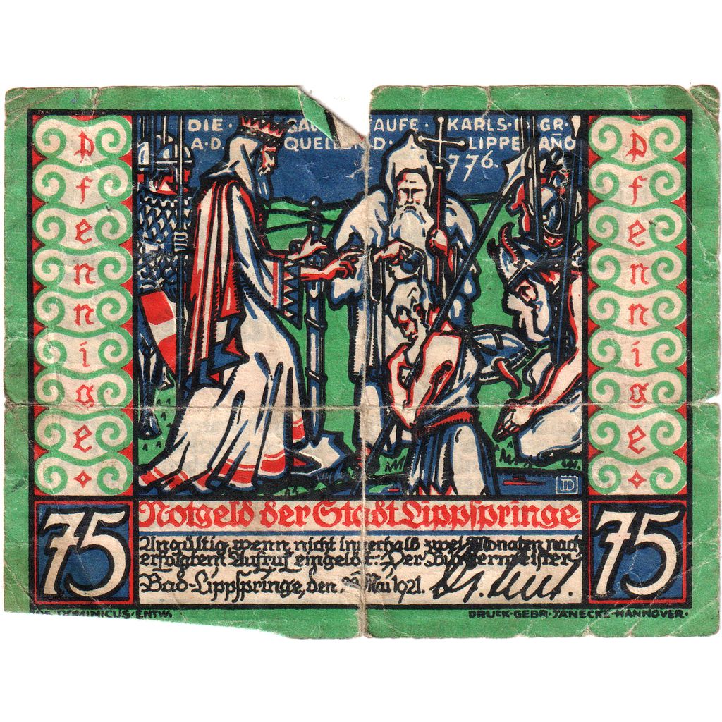 Allemagne, Lippspringe, 75 Pfennig, 1921-05-28, TB+