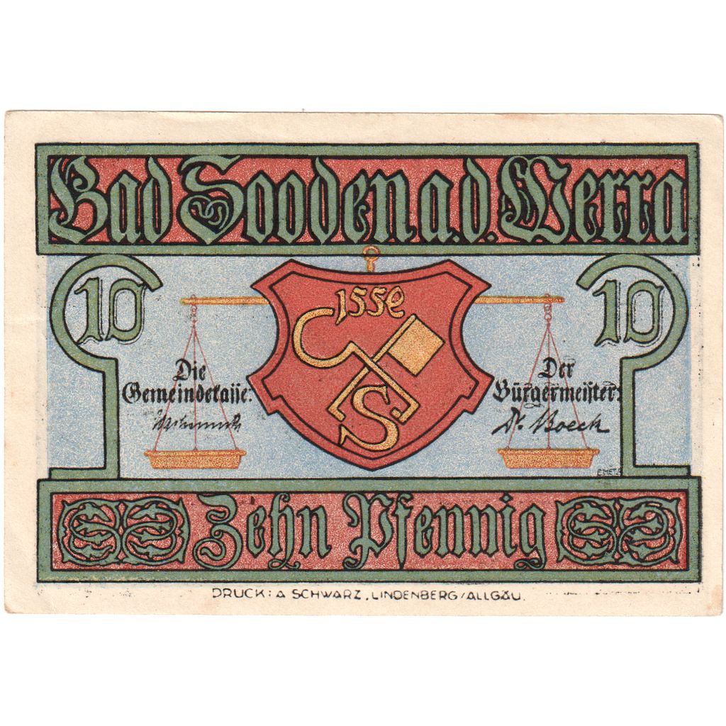 Biljet, Duitsland, Sooden a.d. Werra, Bad Gemeinde, 10 Pfennig, rue, undated